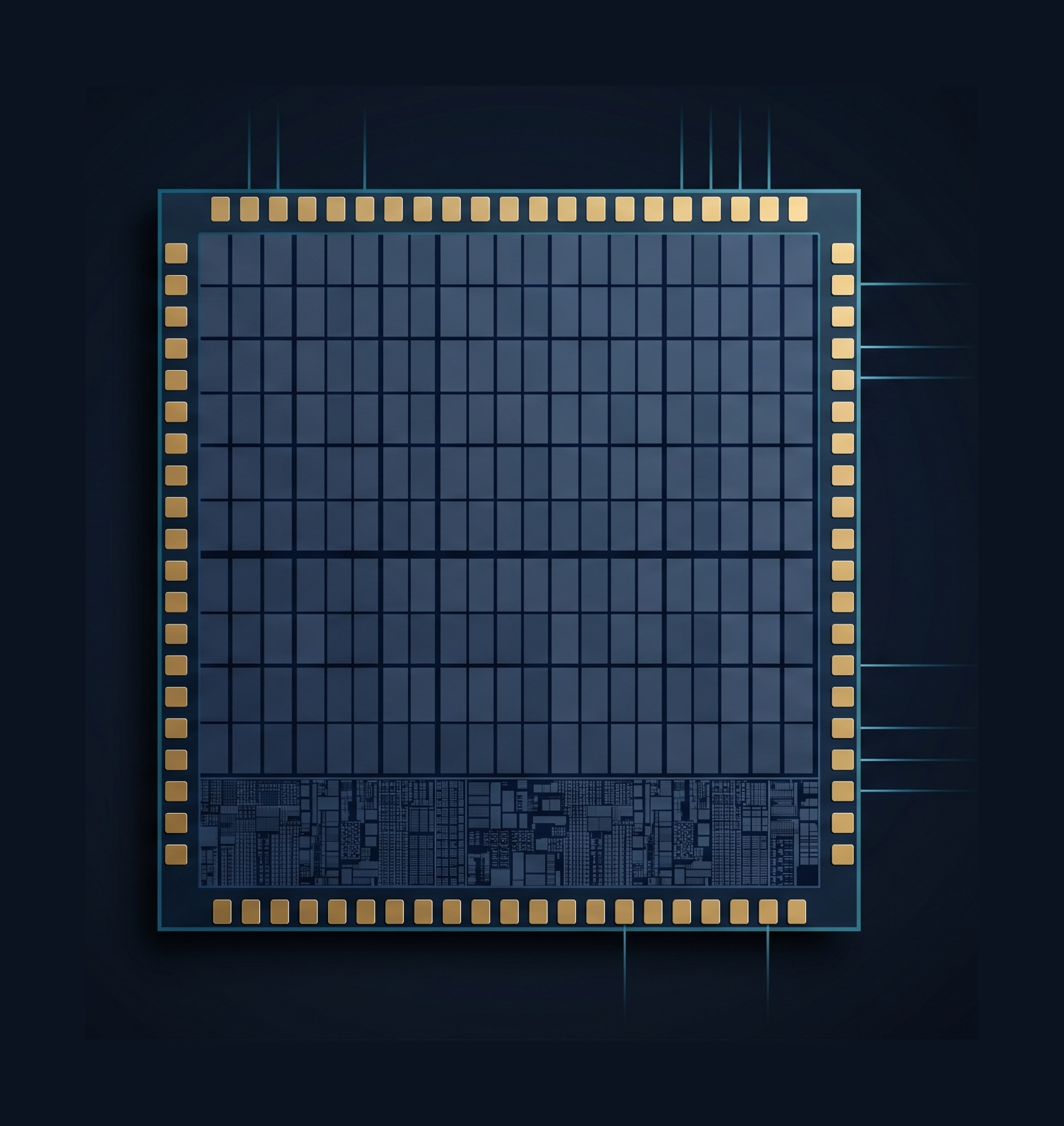 Gentian-Tile: SRAM-dominierte Oberfläche mit Logik-Streifen an einer Kante, symmetrische goldene Bond-Pads an allen vier Seiten, Mesh-Verbindungsspuren an den Rändern.